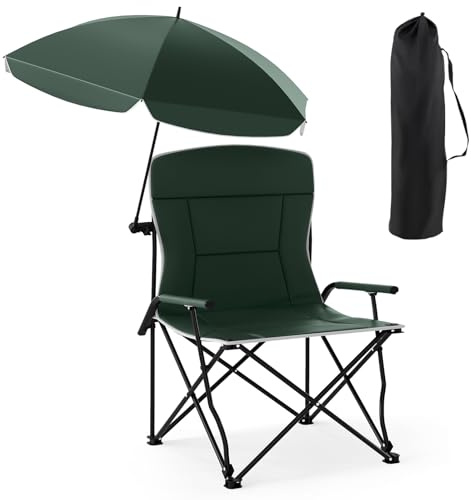 GYMAX Chaise de Camping avec Parasol Réglable, Chaise de Plage Pliable Portable, Accoudoirs et Sièges Rembourrés, Convient pour Pique-Nique, Pêche, Camping, Capacité de Poids 150 kg, Vert