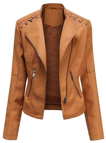 Women's PU Biker Jacket Faux Leather Coat Cropped Motorcycle Jacket Casual Short Pleather Outfits with Pockets