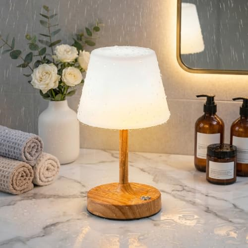 NEWSEE Waterproof Shower Lamp, 4000mAh Cordless Rechargeable Table Lamp, Bathroom Light with Touch Dimmable, Wireless LED Battery Lamp for Outdoor, Camping, Bedside, Bathtub, Kitchen, Patio (Wood)