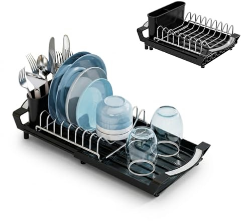 ZEEZONE Dish Drainer Rack, Extendable Carbon Steel Dish Drying Rack, Black