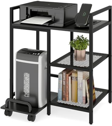 COSTWAY Support d'Imprimante avec Station de Charge, Table d'Imprimante à 3 Niveaux avec Étagères de Rangement, Support Mobile avec roulettes Verrouillables, pour Bureau, Chambre (Noir)