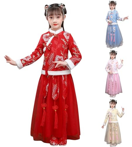 Ensemble de costume de princesse pour le Nouvel An chinois - Jupe en tulle - Broderie florale - Manteau en polaire - 2 pièces - Vêtements chinois traditionnels pour enfants - Élégant et classique