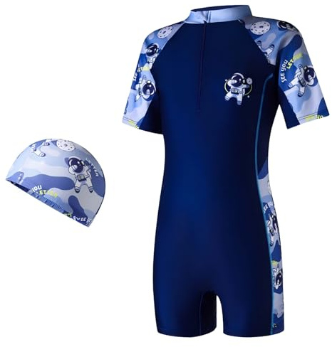 ADUDVLO Boys and Girls Swimming Costume with Front Zipper & Swim Cap – Cartoon One Piece Bathing Suit for Kids Ages 4–10, Stretchy Swimwear