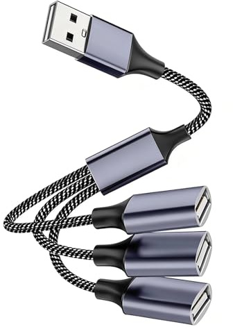 Foverin 3-Port USB Splitter Cable, 1-in-3 USB A Hub Adapter Dongle, Durable Nylon Braided Multiport Extension Cord for Laptop, PC, Keyboard, Mouse and Low-Power Desktop Devices
