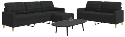 3-tlg. Sofagarnitur mit Fußhocker Schwarz Stoff, Wohnzimmer Couchgarnitur Set aus weichem Polyester, bequemes 2-Sitzer und 3-Sitzer Sofa Set mit gepolsterten Sitzkissen für Wohnbereich, Gästezimmer