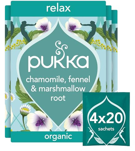 Pukka Herbs | Relax Organic Herbal Tea Box | Tea Infusion With Chamomile, Cardamon and Fennel | Perfect For Calming | Caffeine Free | 4 Packs | 80 Plant Based Biodegradable Tea Bags