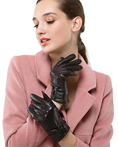 Nappaglo Damen Traditionelle Lammfell Leder Handschuhe Kaschmir-Futter Touchscreen Winter Warm Nappaleder Handschuhe (M (Umfang der Handfläche:17.8-19.0cm), Dunkelbraun(Non-Touchscreen))