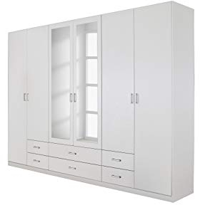 Rauch Möbel Gamma Schrank Drehtürenschrank Kleiderschrank in Weiß mit Spiegel 6-türig, inklusive Zubehörpaket Basic 3 Kleiderstangen, 3 Einlegeböden BxHxT 271 x 210 x 54 cm