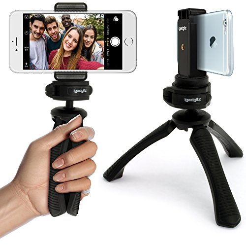 iGadgitz PT310 Mini Lightweight Table Top Stand Tripod and Grip Stabilizer + Universal Smartphone Holder Mount Bracket Adapter – Black