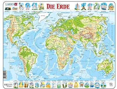 Larsen Puzzle Physische Weltkarte, Alter 7–12, 80 Teile, Lernspiel Geografie Deutsch, Kontur‑ & Figurenstücke, Rahmenpuzzle aus Norwegen