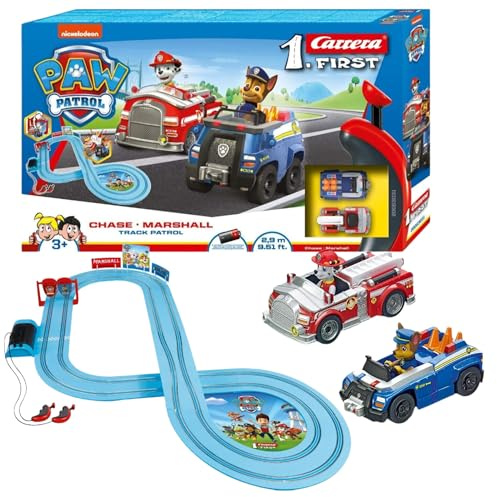 Carrera 20063031 FIRST PAW PATROL Track Patrol 2,4m Rennstrecken-Set | 2 ferngesteuerte Fahrzeuge mit Chase und Marshall | mit Handregler & Streckenteilen | Spielzeug für Kinder ab 3 Jahren