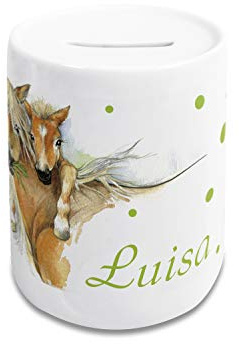 GRAZDesign Spardose Kinder mit Namen | Pferd mit Fohlen | personalisiert zur Taufe Geburt Kommunion Konfirmation, als Geschenk Geldgeschenk, Keramik Weiß mit Motiv, für Jungen und Mädchen