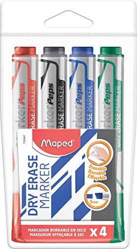 Maped - Marqueurs effaçables à sec, pochette x 4 Bleu, noir, rouge, vert - Pointe biseautée large 1 à 5 mm - Tableaux blancs, ardoises et surfaces non poreuses
