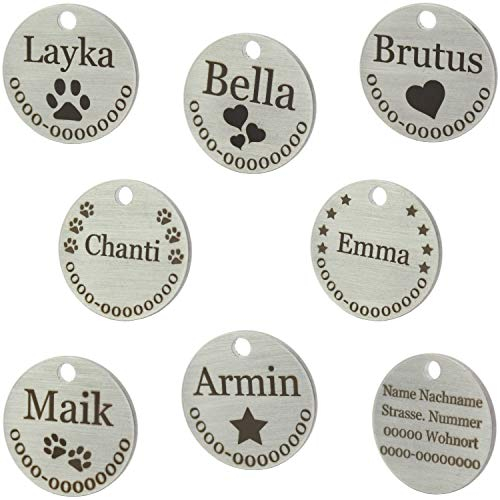 WIENS3D Hundemarke mit Gravur - Personalisiert mit Name - 23mm / 30mm Namensschild für Halsband Anhänger Marke für Hunde - mit Symbolauswahl - Tiermarke für Hunde, Katzen & Welpen (23 mm_Model_2)