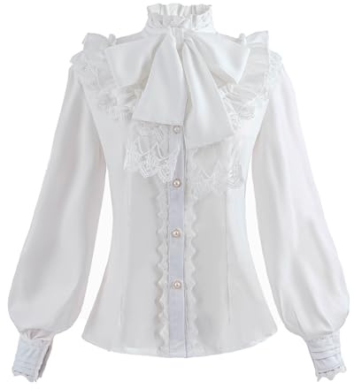 Fiamll Camicetta da donna in stile vittoriano, vintage, con fiocco, colletto alto e volant, a maniche lunghe, colore bianco, taglia XXL