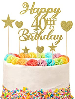 Happy 40th Birthday Cake Topper Set, Gold, 9 Pieces, with Heart Star Cupcake Picks, Glitter Decoration for Party Cake Supplies