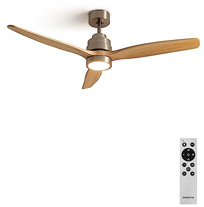 CREATE / WINDSTYLANCE/Deckenventilator mit Beleuchtung Nickel Naturholzflügel mit Fernbedienung/ 40W, Leise, Ø132 cm, 6 Geschwindigkeiten, Timer, DC-Motor, Sommer-Winterbetrieb