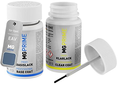 MG PRIME Autolack Lackstift für Opel EAV Voltaic Blue Pearl Metallic +1K | Set aus Basislack + Klarlack, Lackfläschchen mit Pinsel, je 50ml