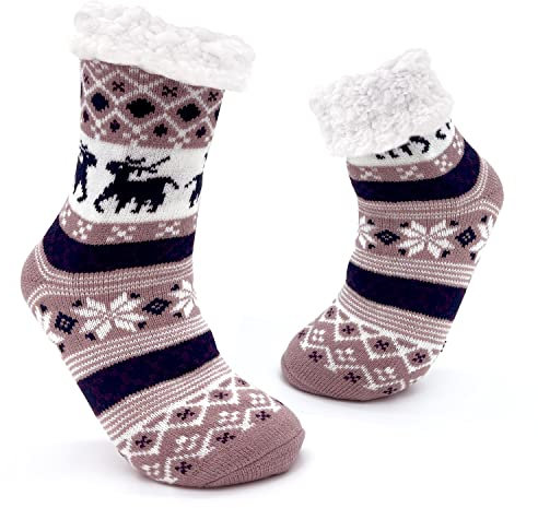 JOMIX Calze Antiscivolo Donna Calzettoni Natalizie Invernali Calzini Termiche da Casa Calze a Pantofola Taglia 36-42, MD7418, Viola