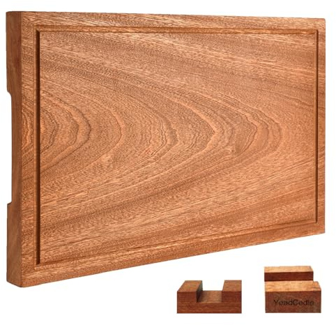 Wooden Cutting Boards For Kitchen Real Solid Sapele Wood Chopping Board One Piece Thick Hard No Glue Non Toxic With Juice Groove And Stand All Whole Single Wood Butcher Block (18 * 12 * 1.2Inch)