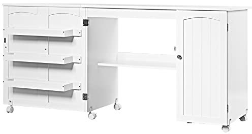 GYMAX Tavolo Pieghevole da Cucito, Scrivania e Armadio da Cucito 2 in 1, Tavolo per Macchina da Cucire con Rotelle, 3 Scompartimenti Laterali e 1 Armadietto, 2 Ruote con Freno (Bianco)