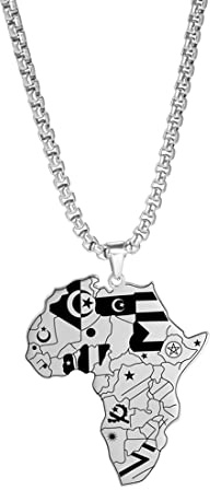 EUEAVAN Personalisierte Afrika Karte Anhänger Halskette African Tribe Edelstahl Hip Hop Afrikaner Länder Grenzen Ägypten Schmuck Geschenke Männer Jungen