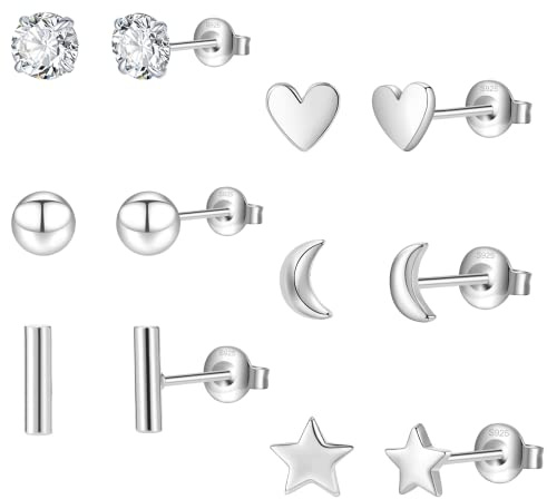6Pairs Sterling Silver Stud Earrings Silver Studs Earrings for Women Star Moon Ball Heart Studs Earrings Sets for Teens Girls Gifts with Boxs