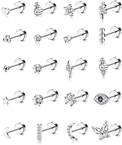 FIOROYAL 20 Pieces Tiny Cartilage Stud Earrings ohrstecker Knorpel Helix Ohrringe Stern Mond Ball Schlange Zirkonia Flatback Piercing Ohrringe Set für Damen Herren Silber