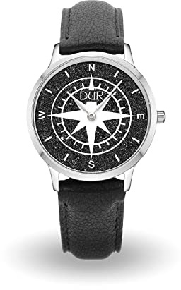 DUR Uhr Kompass oder „Küste“ mit Strandsand oder Lavasand, wasserdichte Edelstahl-Uhr mit Saphir Glas, Armband aus Leder oder Edelstahl, Damen und Herren
