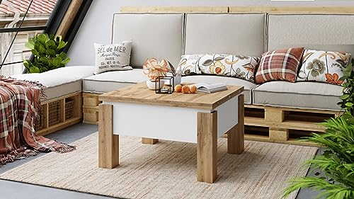 designimpex Design Couchtisch Tisch Oslo höhenverstellbar 49 / 76cm aufklappbar 80 / 160cm Esstisch, Farbe:Eiche Wotan - Weiß matt