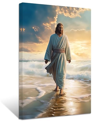 ZXHYWYM Jesus Leinwandbilder Gott geht am Strand spazieren Bilder Drucke christliches spirituelles Poster Kunstwerk Heimdekoration für Büro Gebetsraum Gerahmt (Bild-2, (30.00 x 45.00 cms))