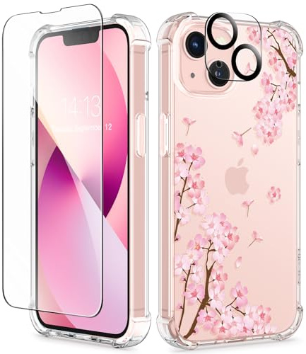 GVIEWIN Kompatibel mit iPhone 13 Hülle 6,1 Zoll 2021, mit Schutzglas + Kamera Schutzglas, klares Blumen Frauen Dünne Weiche TPU Stoßfeste Schutzhülle Cover Handyhülle,Sakura/Rosa