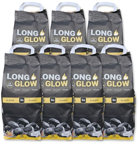 21kg (7x3kg) Long Glow Premium Grillbriketts Kohle Manufaktur Grillbrikett Premium Brikett Holz Kohle Grill Lange Brenn-& Glutdauer 4h Grillbriketts 100% Made in Germany Energie Kienbacher (21kg)
