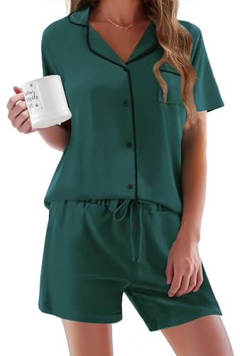 Ekouaer Women's Pyjama Sets Sexy Kurz Sleep & Lounge Ladies Sommer Button Up Pyjama for Ladies V-Neck Nightwear Soft Loungewear, Green, S