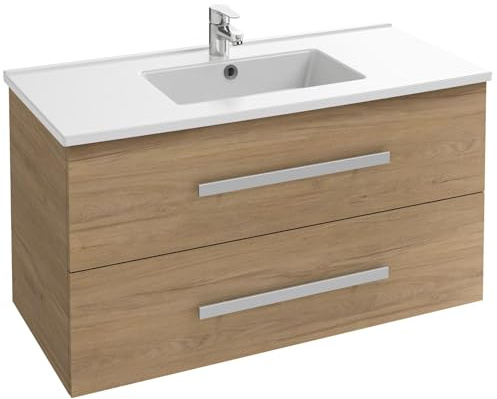 Jacob Delafon - Meuble OLA UP 100cm & Plan Simple Vasque Céramique - 2 Tiroirs Fermeture Douce - Grande Capacité - Chêne Colorado - 1010x540x465mm - EBP2306-ECD