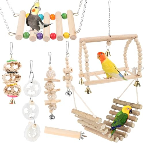 Byffoer Giocattoli in legno per pappagallini, 8 pezzi in legno naturale Lovebird, altalena sospesa, giocattolo con campane per tutti i pappagalli e uccelli masticare