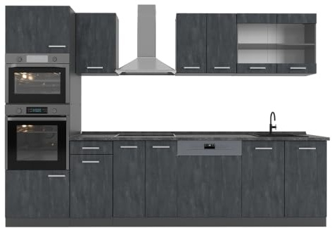 Vicco Küchenzeile R-Line, Schwarz Beton/Anthrazit, 300 cm ohne Arbeitsplatte