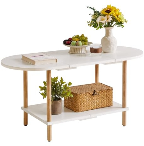Aibiju Mesa de Centro Ovalada Blanca, Pequeña Mesa de Centro de Madera para Espacios Pequeños, Diseño de Empalme 35 * 16 * 17 Pulgadas, Mesa Central de 2 Niveles para Sala de Estar Blanca YD-011W