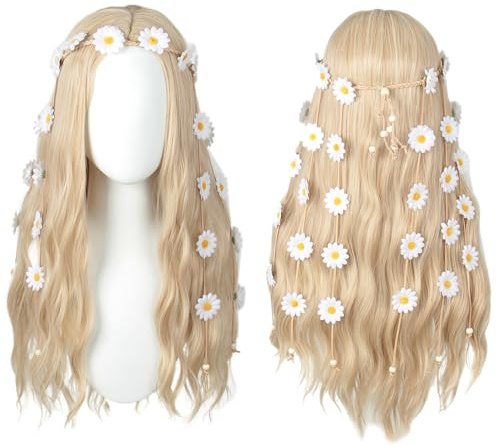 Linfairy 70er-Jahre-Perücke Lang Blond Gewellt Hippie-Perücke Mit Sonnenblumen-Stirnband Halloween Cosplay-Kostüm Perücke Für Frauen Partys Für Frauen