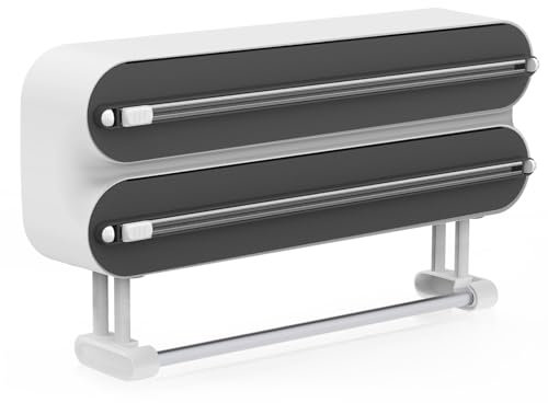 3 in 1 Frischhaltefolienspender mit Cutter, Küchenrollenhalterung mit Küchenrollenhalter, Alufolienspender und Frischhalte, Küchenrollenhalter Ohne Bohren，Wandrollenhalter Küche