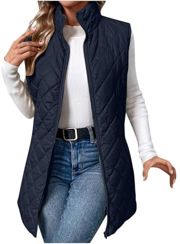 Women's Longline Puffer Gilet Lightweight Quilted Gilet Full Zip Stand Collar Thermal Padded Vest Comfy Casual Longline Puffer Gilets Sleeveless Jacket Ladies Body Warmers