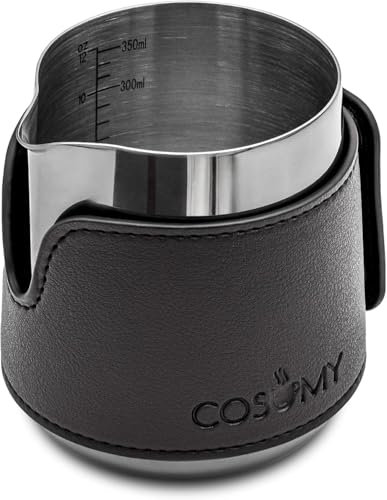 Cosumy Milchkännchen Edelstahl 350ml Schwarz - Milch Aufschäumen für Cappuccino und Latté - Latte Art - Barista Zubehör