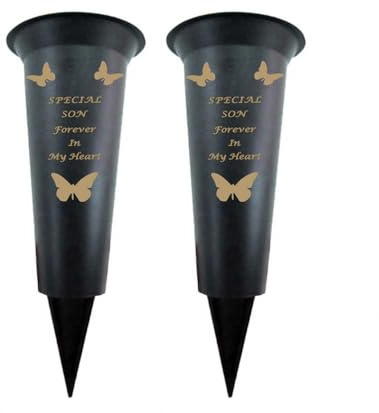 Memorial Grave Vases Ornaments Black Plastic Flower Holders - Butterfly Spike Grave Flower Vases with Funeral Verses for Your Loved Ones - Pack of 2 (Son - Pack of 2)