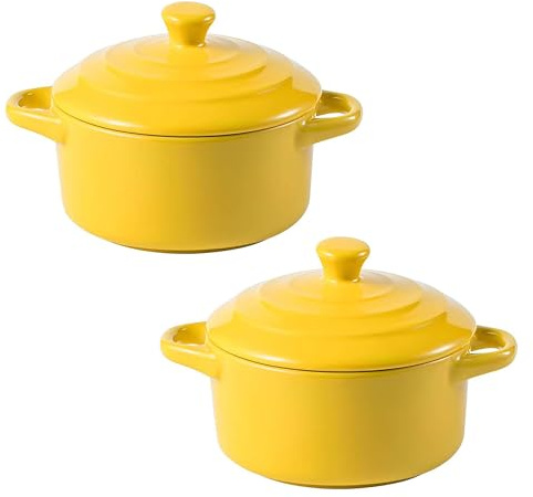Set of 2 Mini Ceramic Casserole Pots with Lids, Oven-Safe Small Soup Pots, Perfect for Soups, Stews, and Side Dishes(Yellow)