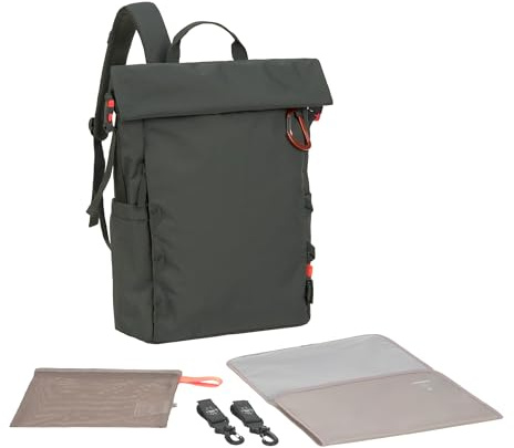 LÄSSIG Baby Wickelrucksack Wickeltasche Rucksack mit Wickelunterlage, Kinderwagenbefestigung, Flaschenhalter nachhaltig produziert/GRE Outdoor Rolltop Backpack dark olive