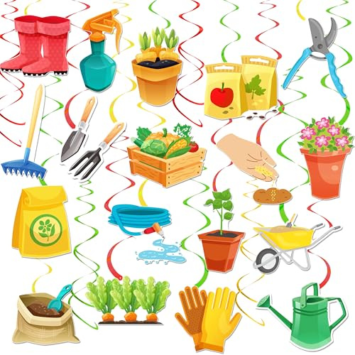 20Pcs Gardening Tool Hanging Swirls Garden Birthday Party Decorations Garden Tool Theme Swirl Ceiling Hanging Streamer Decorations for Spring Theme Birthday Party Garden Baby Shower Supplies
