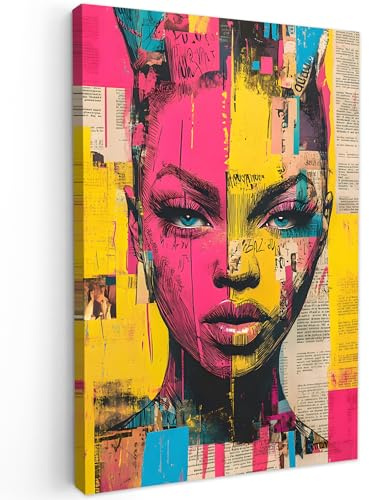 MuchoWow© Bild auf Leinwand Groß XXL Schlafzimmer Bilder Badezimmer Wand | 80x120 cm - Deko Wohnzimmer Modern Wanddeko Bilderwand Geschenk Gesicht Einer Frau - Zeitungspapier - Abstrakt - Rosa