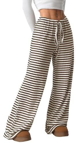 Akiooue Ladies Fashion Brown Striped Baggy Floaty Wide Leg Trousers Joggers