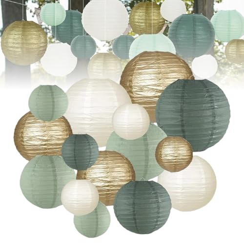 Lampions Party Deko - Lanterna di carta, 15 pezzi, colore verde, oro, crema, lanterne di carta, lanterne rotonde, colore verde salvia