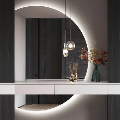 ZYBOWAYL Specchio da Bagno Intelligente 130cm, a Mezzaluna LED Dimmerabile Specchio a Figura Intera Antiappannamento Senza Cornice Retroilluminato(Left Cut,90x60cm/35x24in)